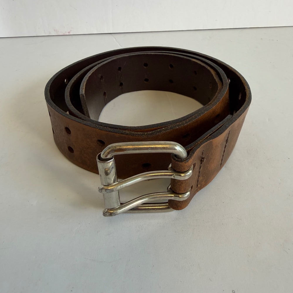 Brown Full Grain Leather Double Prong Belt Size 38 Distressed Rugged Western